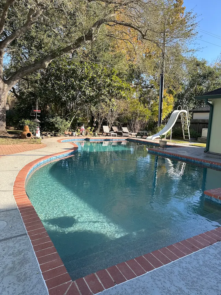 Backyard pool with a slide and brick coping